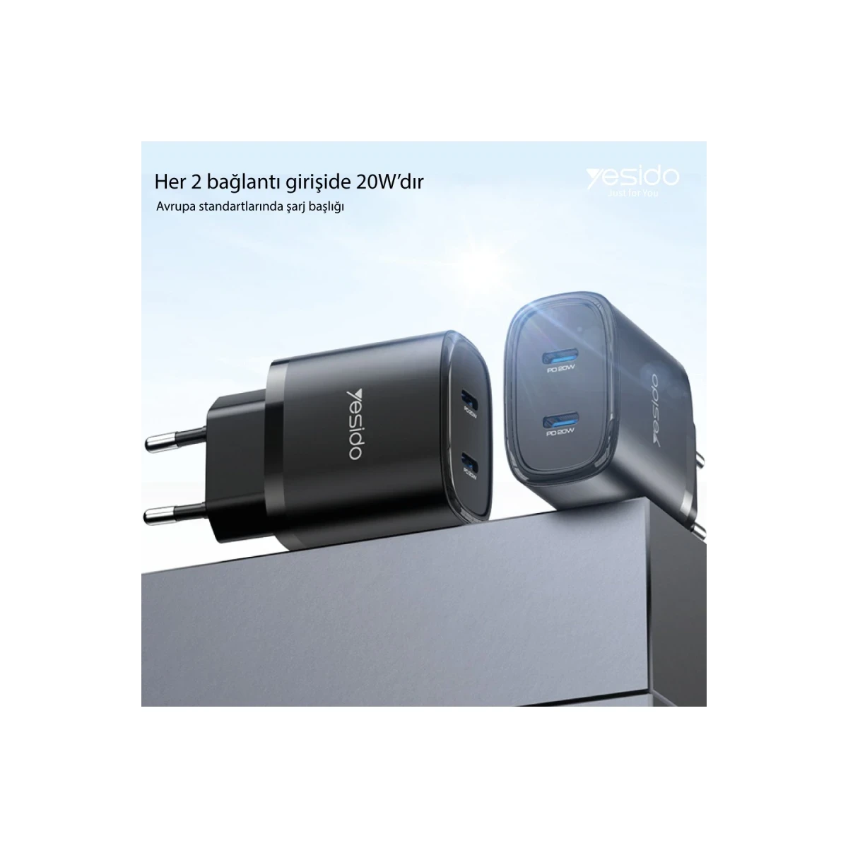 Yesido YC54 2 Adet 20W Type-C Çıkışlı ve 1M 27W Type-C to Lightning Kablolu PD Şarj Cihazı - Siyah