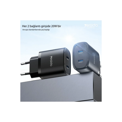 Yesido YC54 2 Adet 20W Type-C Çıkışlı ve 1M 27W Type-C to Lightning Kablolu PD Şarj Cihazı - Siyah