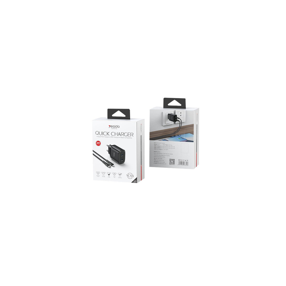 Yesido YC54 2 Adet 20W Type-C Çıkışlı ve 1M 27W Type-C to Lightning Kablolu PD Şarj Cihazı