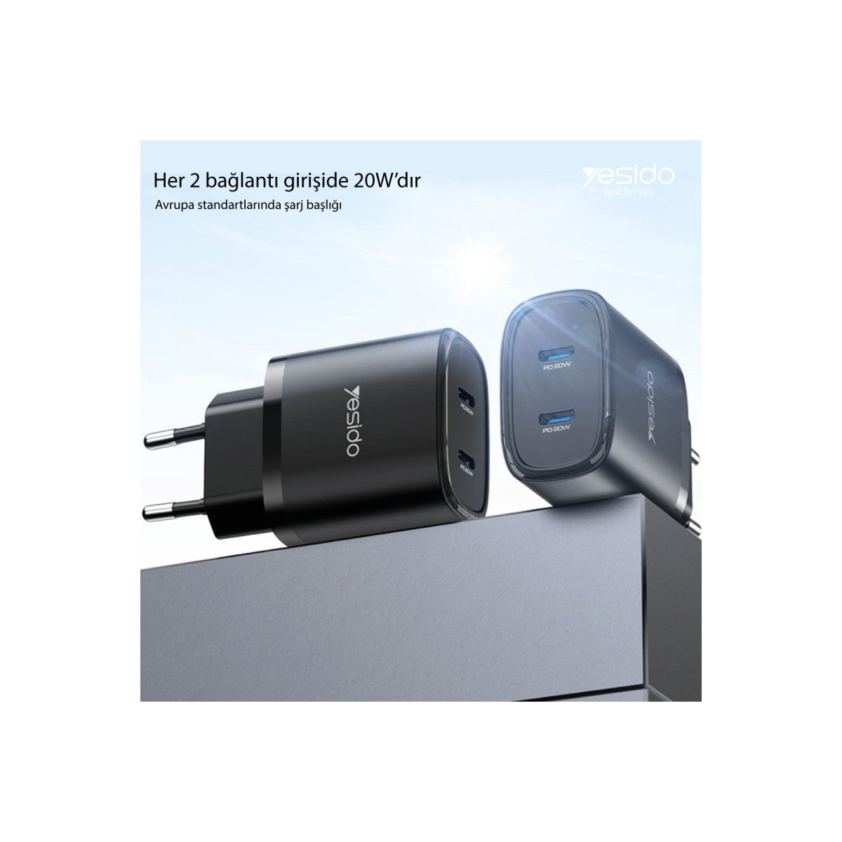 Yesido YC54 2 Adet 20W Type-C Çıkışlı ve 1M 27W Type-C to Lightning Kablolu PD Şarj Cihazı