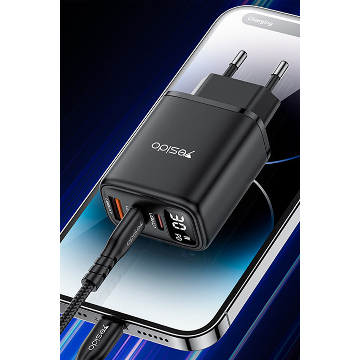 Yesido YC69 Dijital Göstergeli 1 Adet 30W USB ve 2 Adet 30W Type-C Çıkışlı PD Hızlı Şarj Cihazı