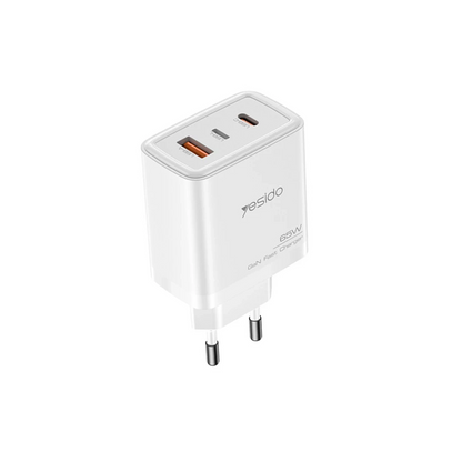 Yesido YC70 1 Adet 65W Type-C / 1 Adet 30W USB ve 1 Adet 45W Lightning Çıkışlı Ekstra 2M Type-C to Ligtning Kablolu GAN Hızlı Şarj Cihazı - Beyaz