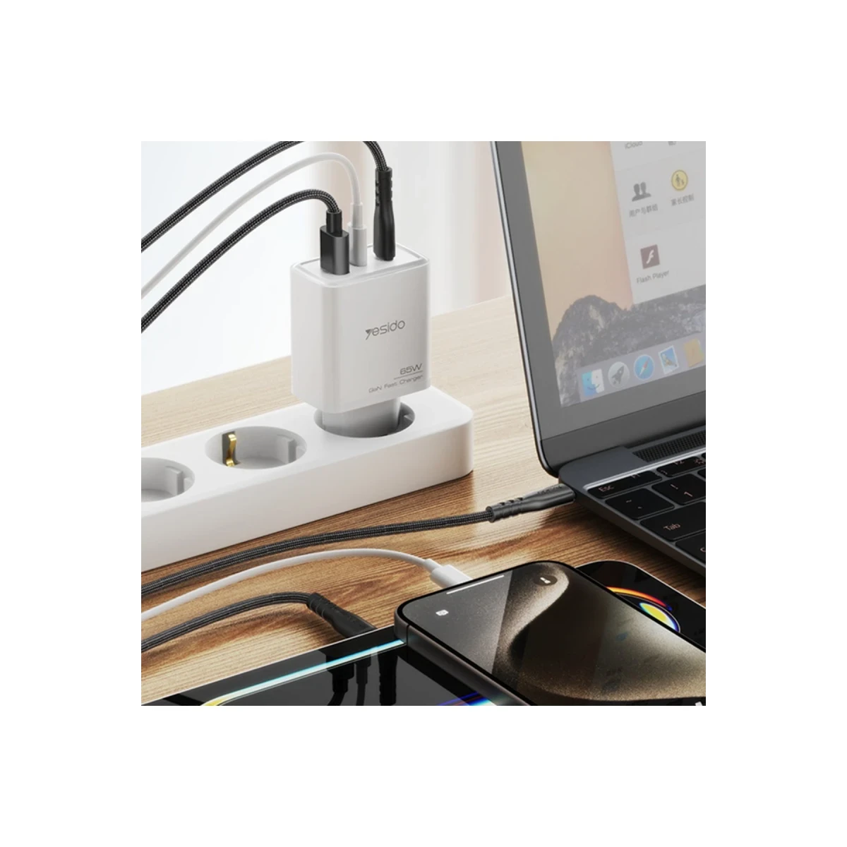 Yesido YC70 1 Adet 65W Type-C / 1 Adet 30W USB ve 1 Adet 45W Lightning Çıkışlı Ekstra 2M Type-C to Ligtning Kablolu GAN Hızlı Şarj Cihazı - Beyaz