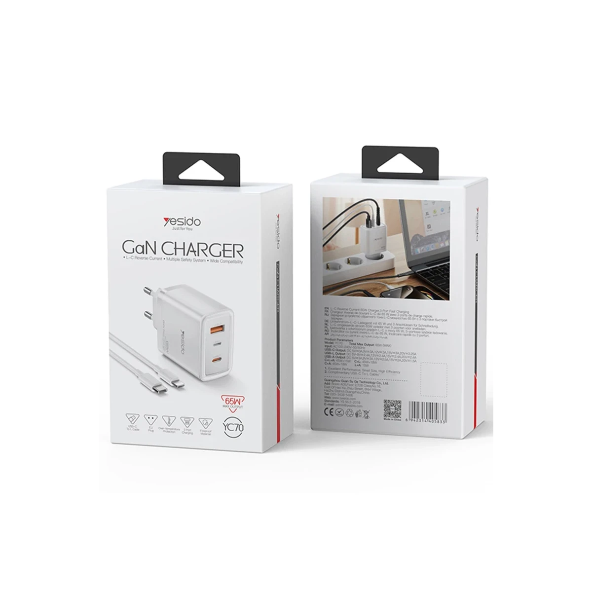 Yesido YC70 1 Adet 65W Type-C / 1 Adet 30W USB ve 1 Adet 45W Lightning Çıkışlı Ekstra 2M Type-C to Ligtning Kablolu GAN Hızlı Şarj Cihazı - Beyaz