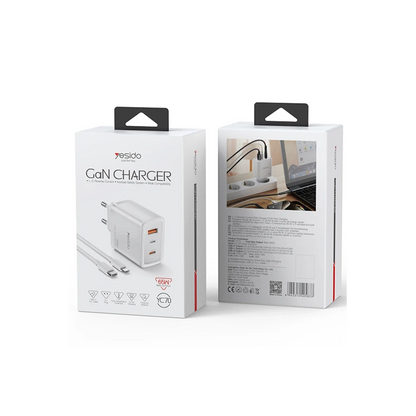 Yesido YC70 1 Adet 65W Type-C / 1 Adet 30W USB ve 1 Adet 45W Lightning Çıkışlı Ekstra 2M Type-C to Ligtning Kablolu GAN Hızlı Şarj Cihazı - Beyaz