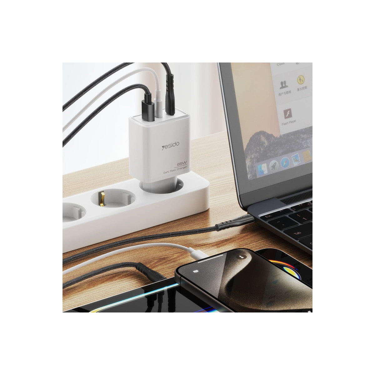 Yesido YC70 1 Adet 65W Type-C / 1 Adet 30W USB ve 1 Adet 45W Lightning Çıkışlı Ekstra 2M Type-C to Ligtning Kablolu GAN Hızlı Şarj Cihazı
