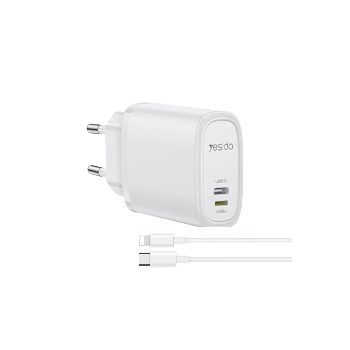 Yesido YC71 1 Adet 12W Type-C ve 1 Adet 12W Lightning Çıkışlı Ekstra 1M Type-C to Ligtning Kablolu PD Hızlı Şarj Cihazı - Beyaz