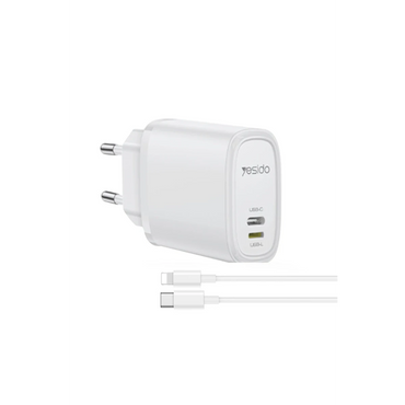 Yesido YC71 1 Adet 12W Type-C ve 1 Adet 12W Lightning Çıkışlı Ekstra 1M Type-C to Ligtning Kablolu PD Hızlı Şarj Cihazı - Beyaz
