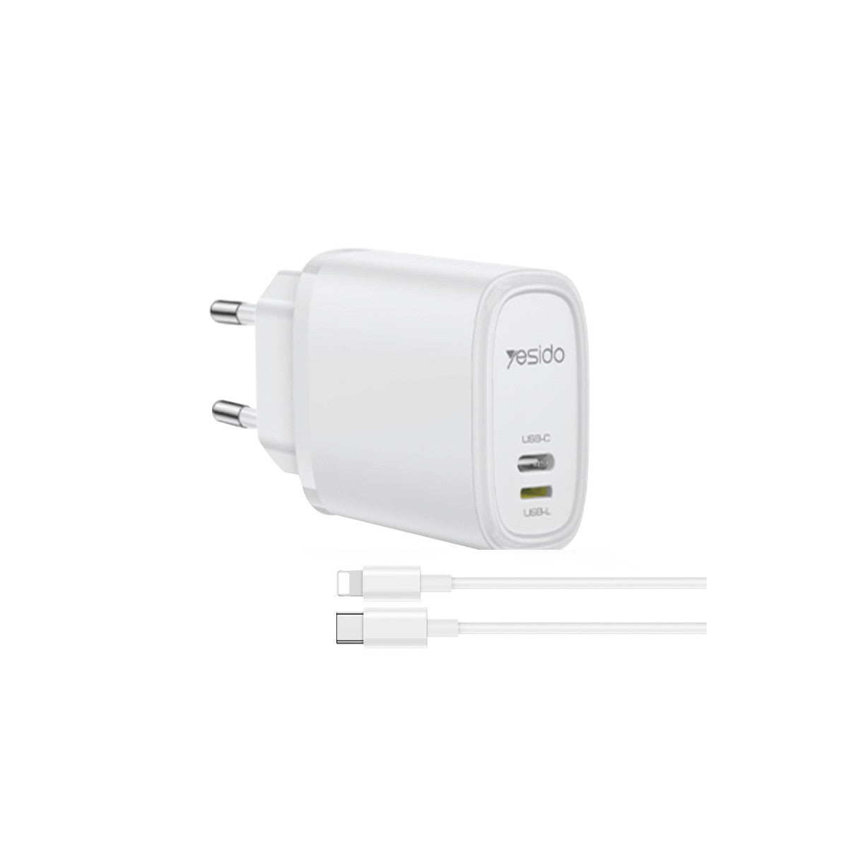 Yesido YC71 1 Adet 12W Type-C ve 1 Adet 12W Lightning Çıkışlı Ekstra 1M Type-C to Ligtning Kablolu PD Hızlı Şarj Cihazı