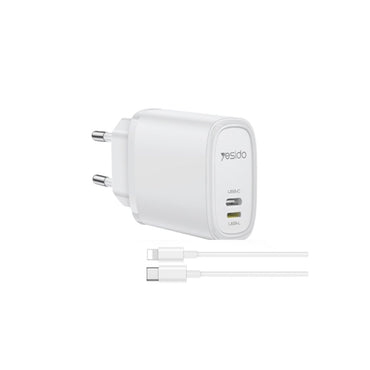 Yesido YC71 1 Adet 12W Type-C ve 1 Adet 12W Lightning Çıkışlı Ekstra 1M Type-C to Ligtning Kablolu PD Hızlı Şarj Cihazı