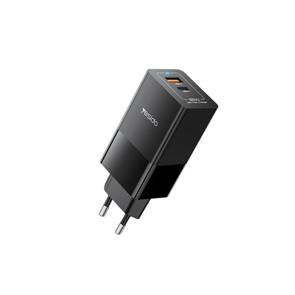 Yesido YC73 1 Adet 65W Type-C / 1 Adet 18W USB Çıkışlı Ekstra 1M Type-C to Type-C Kablolu GAN Hızlı Şarj Cihazı - Siyah