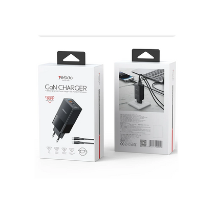 Yesido YC73 1 Adet 65W Type-C / 1 Adet 18W USB Çıkışlı Ekstra 1M Type-C to Type-C Kablolu GAN Hızlı Şarj Cihazı - Siyah