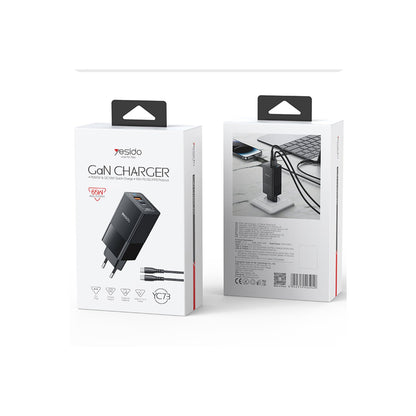 Yesido YC73 1 Adet 65W Type-C / 1 Adet 18W USB Çıkışlı Ekstra 1M Type-C to Type-C Kablolu GAN Hızlı Şarj Cihazı