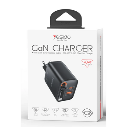 Yesido YC99 Dahili Type-C Kablolu 40W PD Hızlı Şarj Cihazı - Siyah