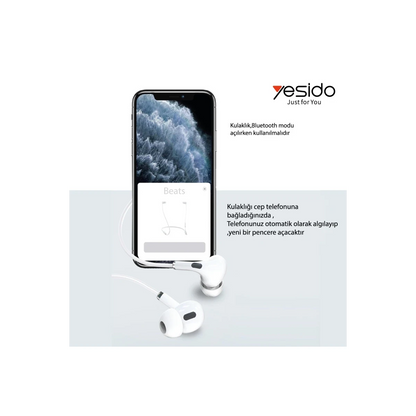 Yesido YH34 1.2M Yüksek Baslı Lightning Bluetooth Kablolu Kulaklık - Beyaz