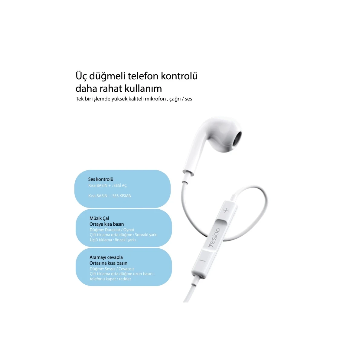 Yesido YH37 1.2M Lightning Bluetooth Kablolu Kulaklık - Beyaz
