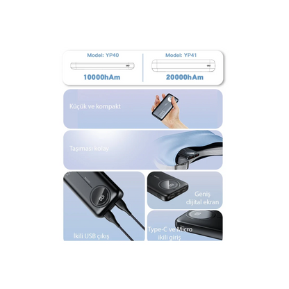 Yesido YP40 10.000 mAh Dijital Göstergeli USB3.0 PD Hızlı Şarj Powerbank - Siyah