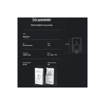 Yesido YP45 10.000 mAh 20W Dijital Göstergeli 15W Kablosuz Şarjlı Standlı Magsafe PD Hızlı Şarj Powerbank - Beyaz