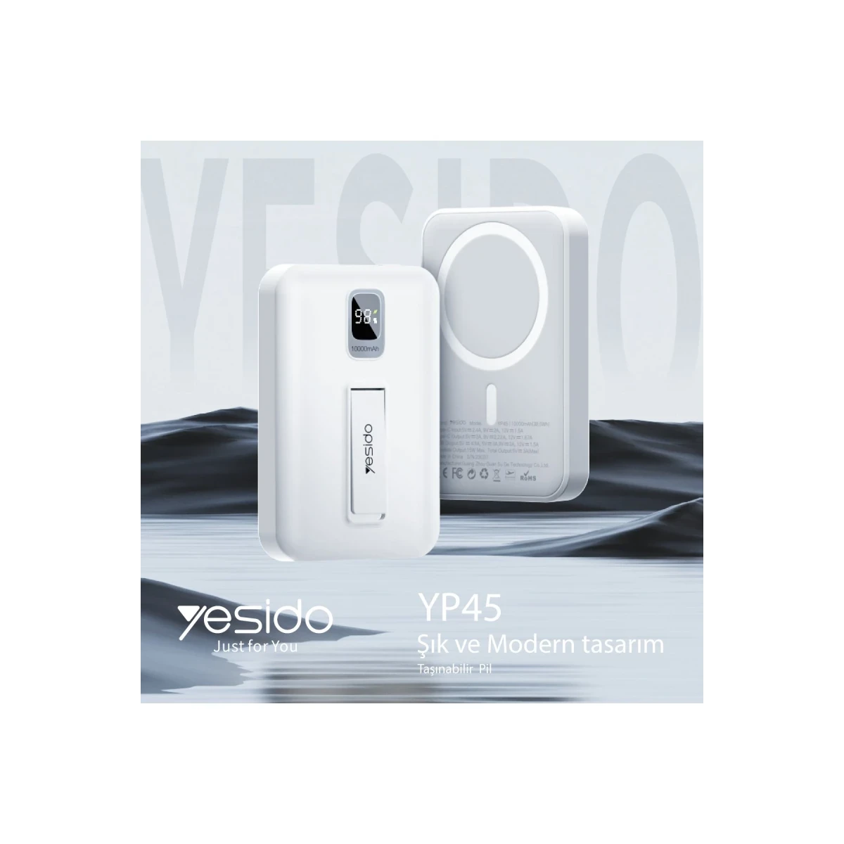 Yesido YP45 10.000 mAh 20W Dijital Göstergeli 15W Kablosuz Şarjlı Standlı Magsafe PD Hızlı Şarj Powerbank - Beyaz