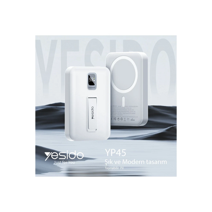 Yesido YP45 10.000 mAh 20W Dijital Göstergeli 15W Kablosuz Şarjlı Standlı Magsafe PD Hızlı Şarj Powerbank - Beyaz