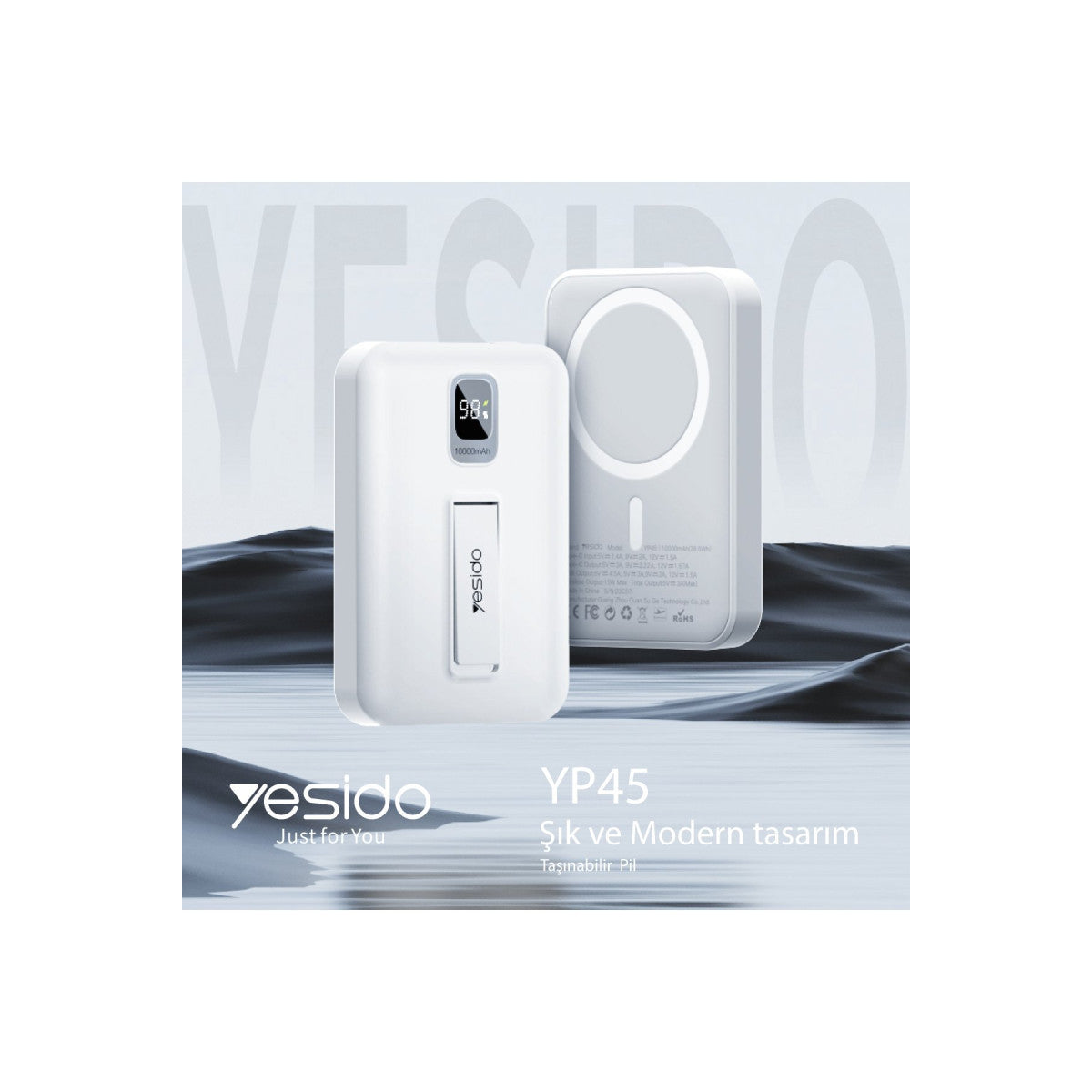 Yesido YP45 10.000 mAh 20W Dijital Göstergeli 15W Kablosuz Şarjlı Standlı Magsafe PD Hızlı Şarj Powerbank