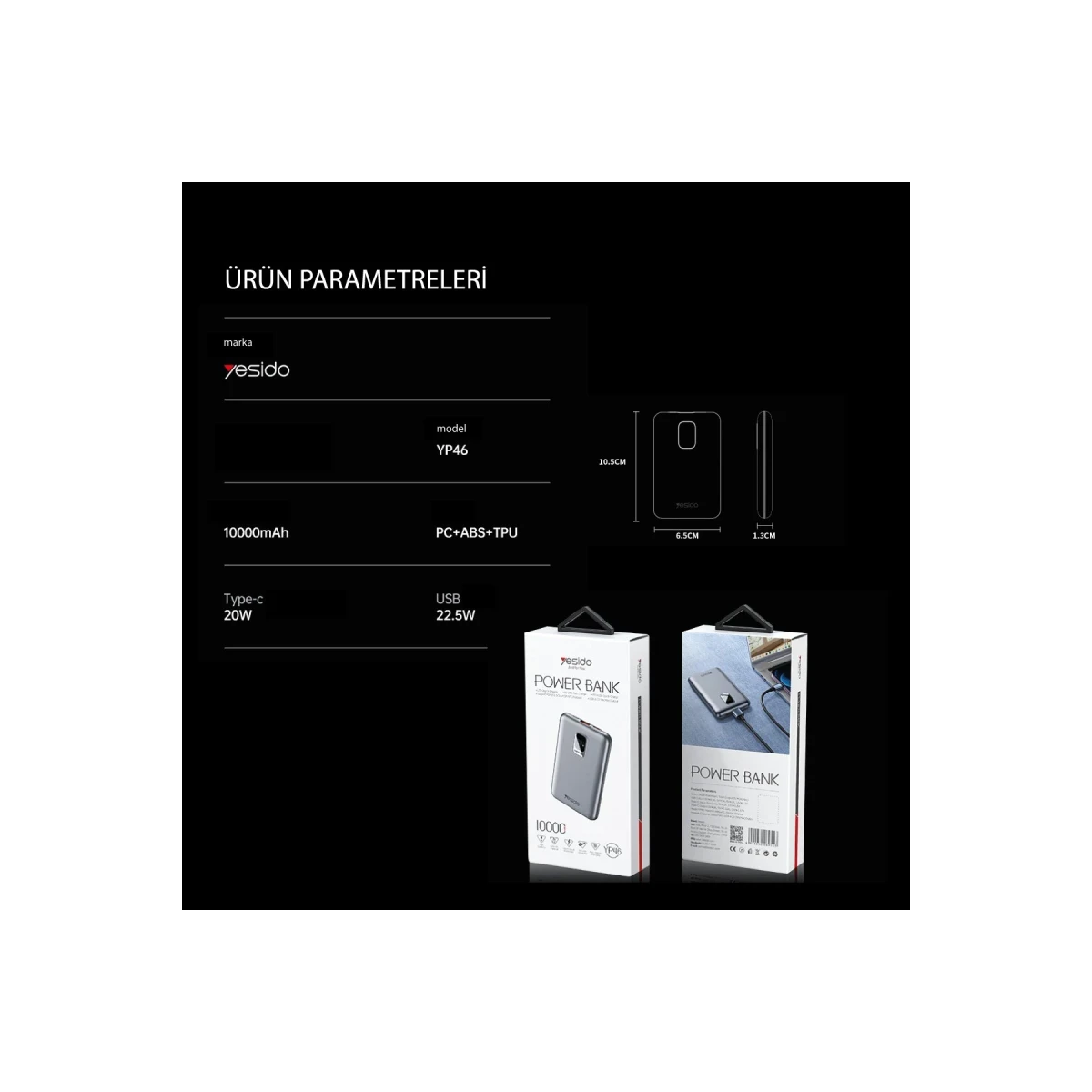 Yesido YP46 10.000 mAh 22.5W Dijital Göstergeli USB3.0 PD Hızlı Şarj Powerbank - Gri