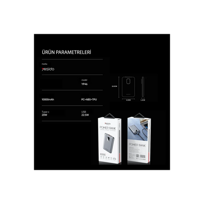 Yesido YP46 10.000 mAh 22.5W Dijital Göstergeli USB3.0 PD Hızlı Şarj Powerbank - Gri