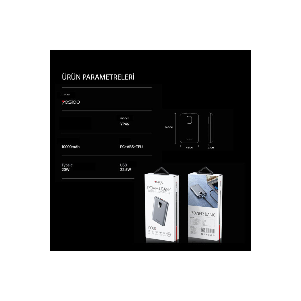 Yesido YP46 10.000 mAh 22.5W Dijital Göstergeli USB3.0 PD Hızlı Şarj Powerbank