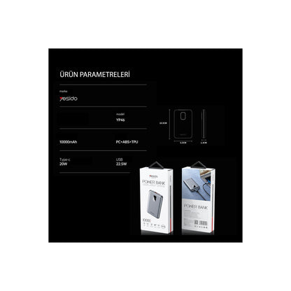 Yesido YP46 10.000 mAh 22.5W Dijital Göstergeli USB3.0 PD Hızlı Şarj Powerbank