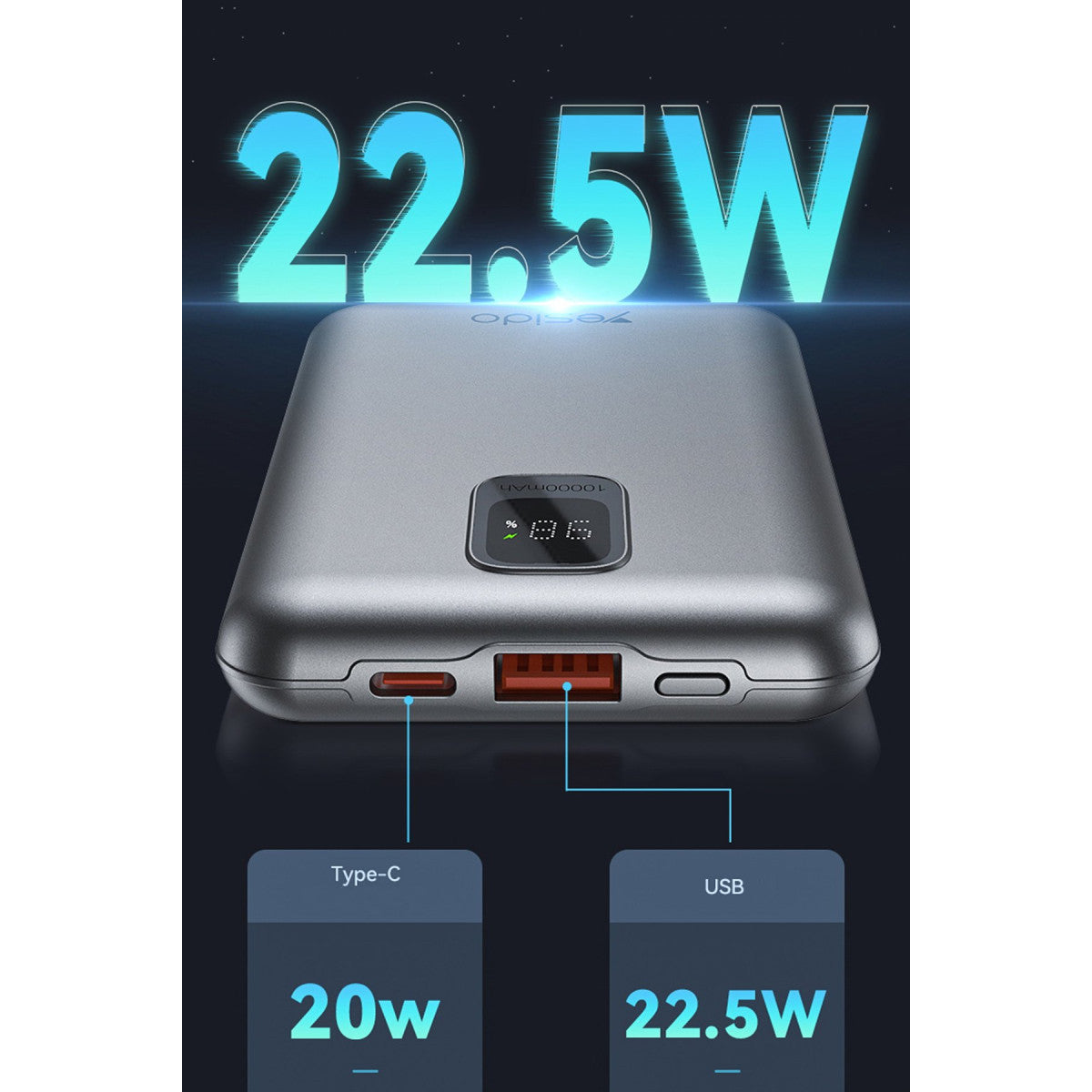 Yesido YP46 10.000 mAh 22.5W Dijital Göstergeli USB3.0 PD Hızlı Şarj Powerbank