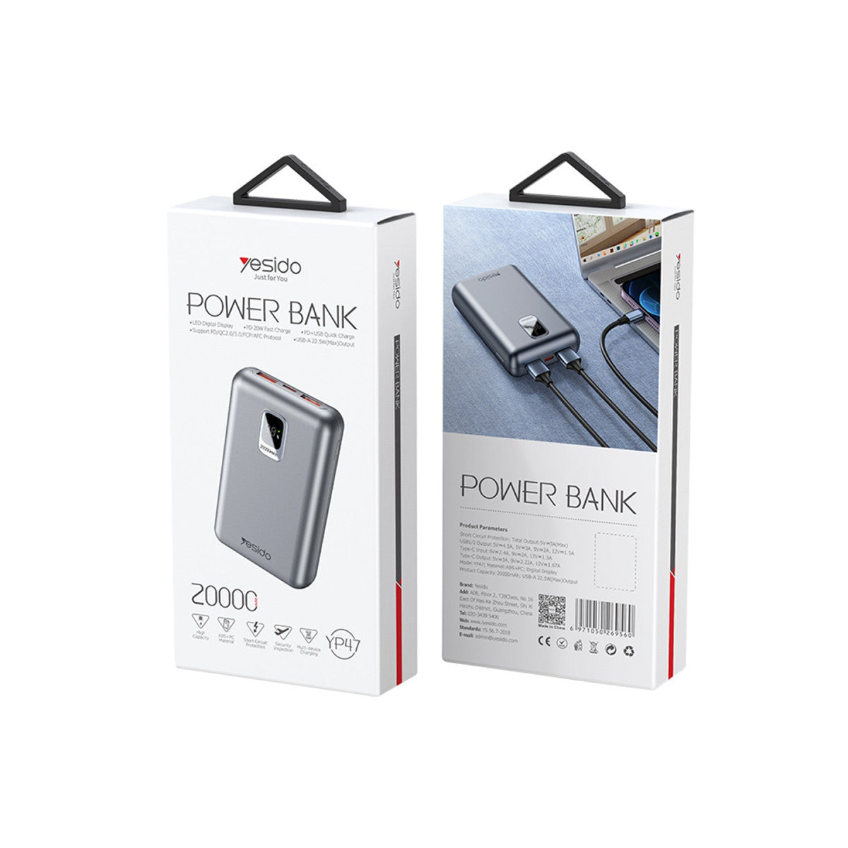 Yesido YP47 20.000 mAh Dijital Göstergeli 22.5W USB3.0 ve 20W Type-C Çıkışlı PD Hızlı Şarj Powerbank