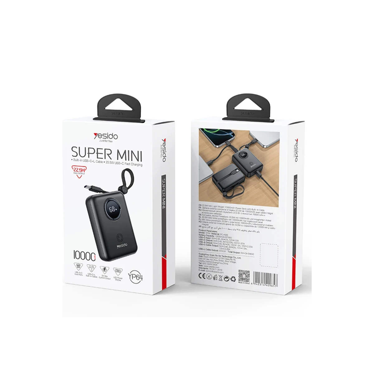 Yesido YP64 10.000 mAh Dijital Göstergeli Dahili Type-C ve Lightning Kablolu PD Mini Powerbank - Siyah
