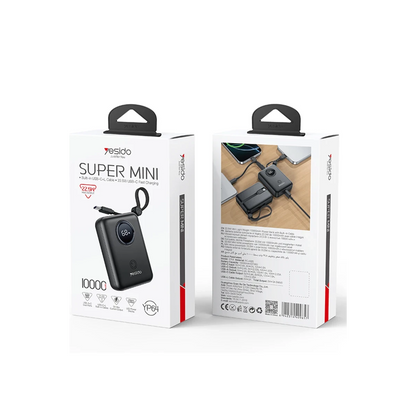 Yesido YP64 10.000 mAh Dijital Göstergeli Dahili Type-C ve Lightning Kablolu PD Mini Powerbank - Siyah