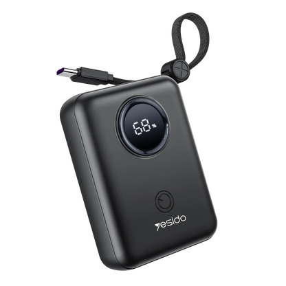 Yesido YP64 10.000 mAh Dijital Göstergeli Dahili Type-C ve Lightning Kablolu PD Mini Powerbank - Siyah
