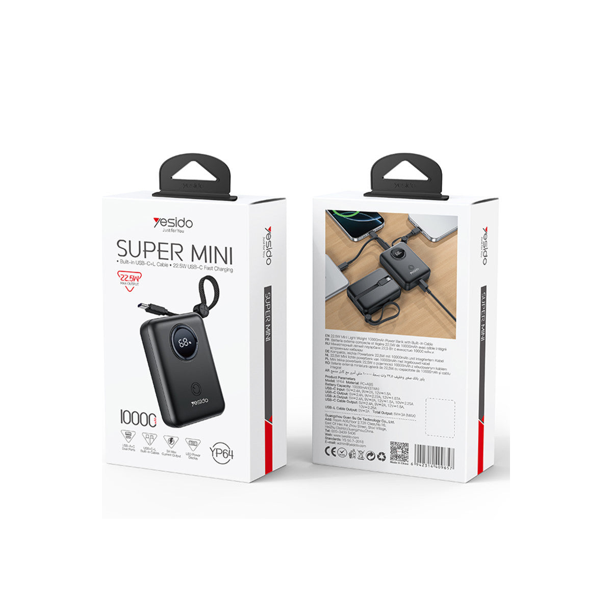 Yesido YP64 10.000 mAh Dijital Göstergeli Dahili Type-C ve Lightning Kablolu PD Mini Powerbank