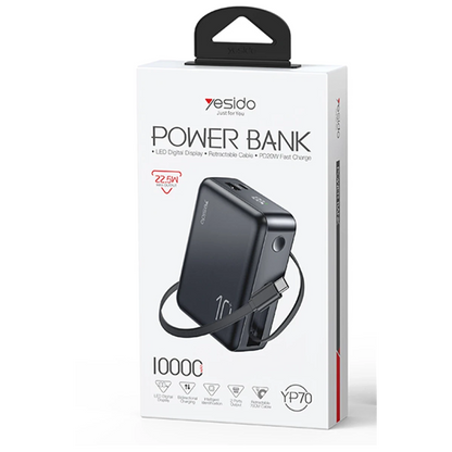 Yesido YP70 Dijital Göstergeli 10.000 mAh 3in1 22.5W PD Hızlı Şarj Powerbank - Siyah