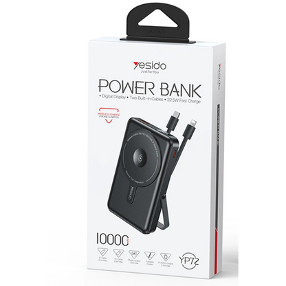 Yesido YP72 Dijital Göstergeli 10.000 mAh Akıllı Saat Şarj Edebilen Kablosuz Magsafe Powerbank - Siyah
