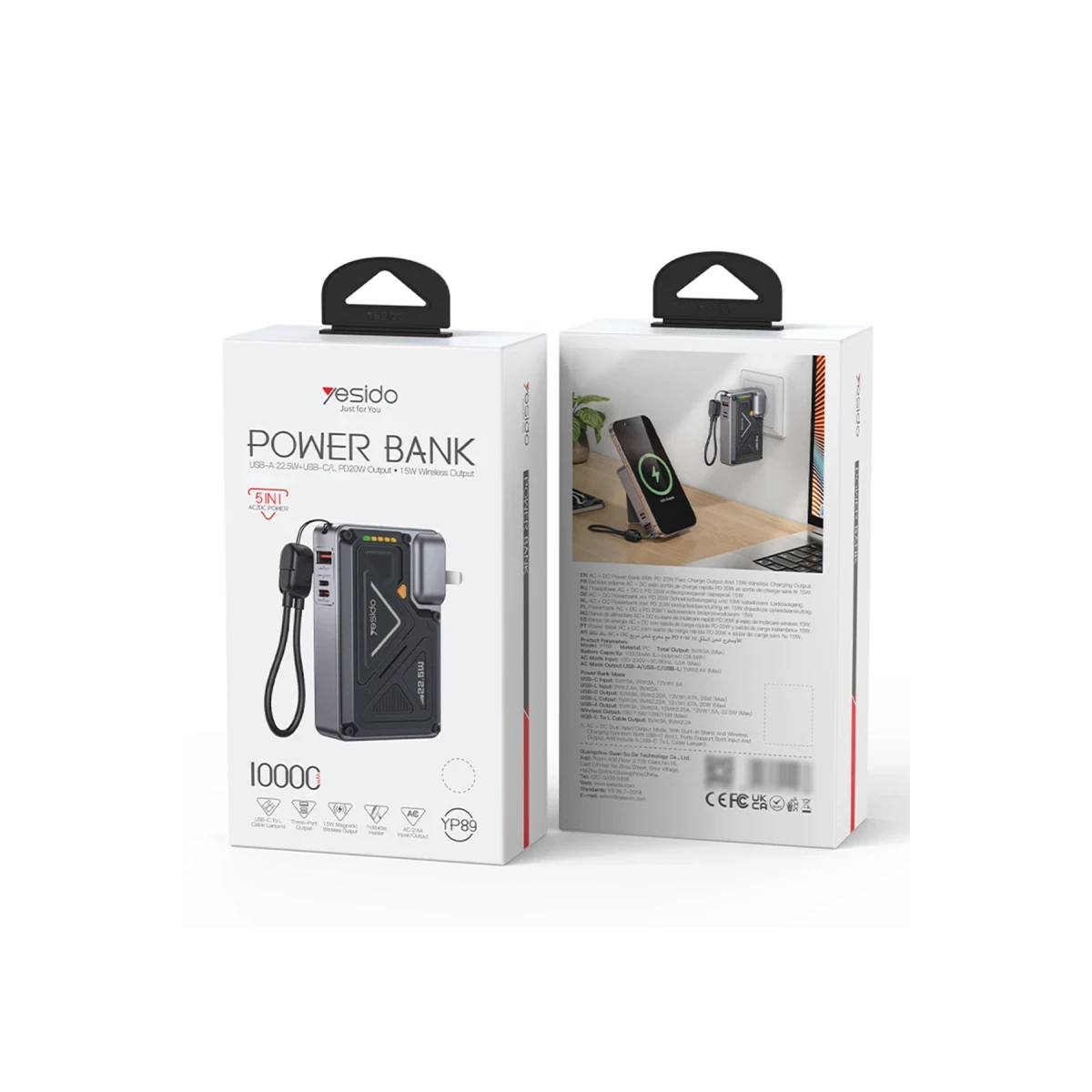Yesido YP89 Akım Korumalı ve Stantlı 10.000 mAh 5in1 22.5W PD ve 15W Kablosuz Hızlı Şarj Destekli Magsafe Powerbank - Siyah