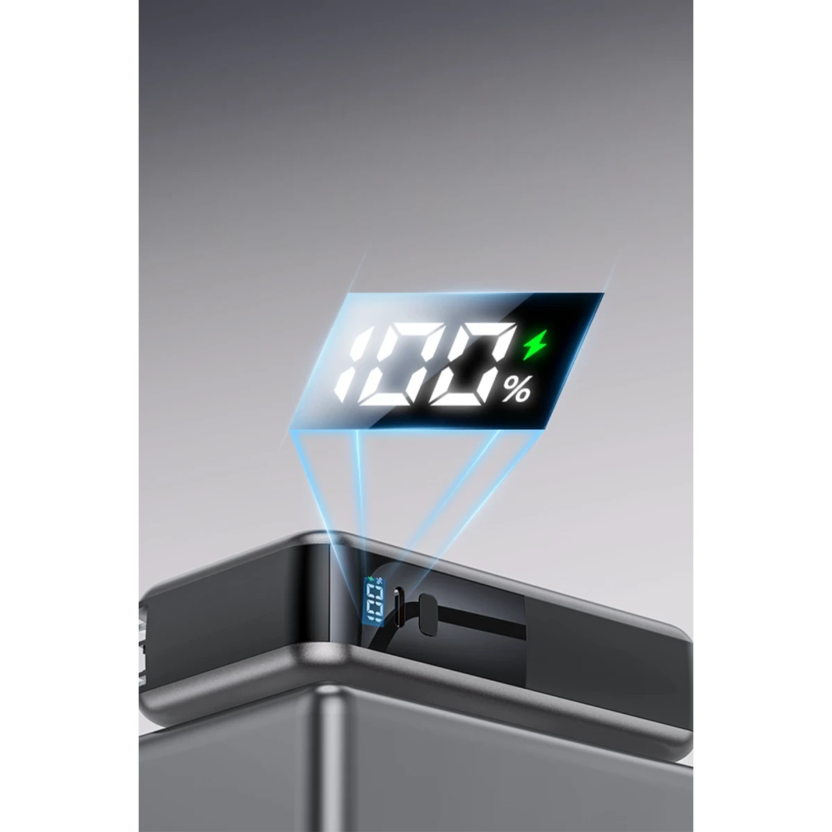 Yesido YP90E Dijital Göstergeli 10.000 mAh 22.5W PD Hızlı Şarj Destekli Makaralı Type C ve Lightning Kablolu 5in1 Powerbank - Siyah