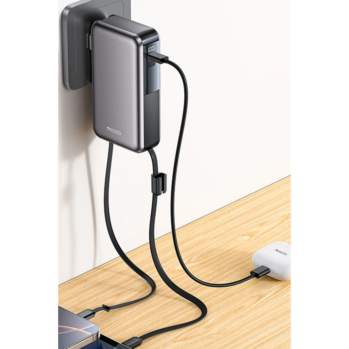 Yesido YP90E Dijital Göstergeli 10.000 mAh 22.5W PD Hızlı Şarj Destekli Makaralı Type C ve Lightning Kablolu 5in1 Powerbank - Siyah