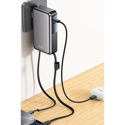 Yesido YP90E Dijital Göstergeli 10.000 mAh 22.5W PD Hızlı Şarj Destekli Makaralı Type C ve Lightning Kablolu 5in1 Powerbank - Siyah
