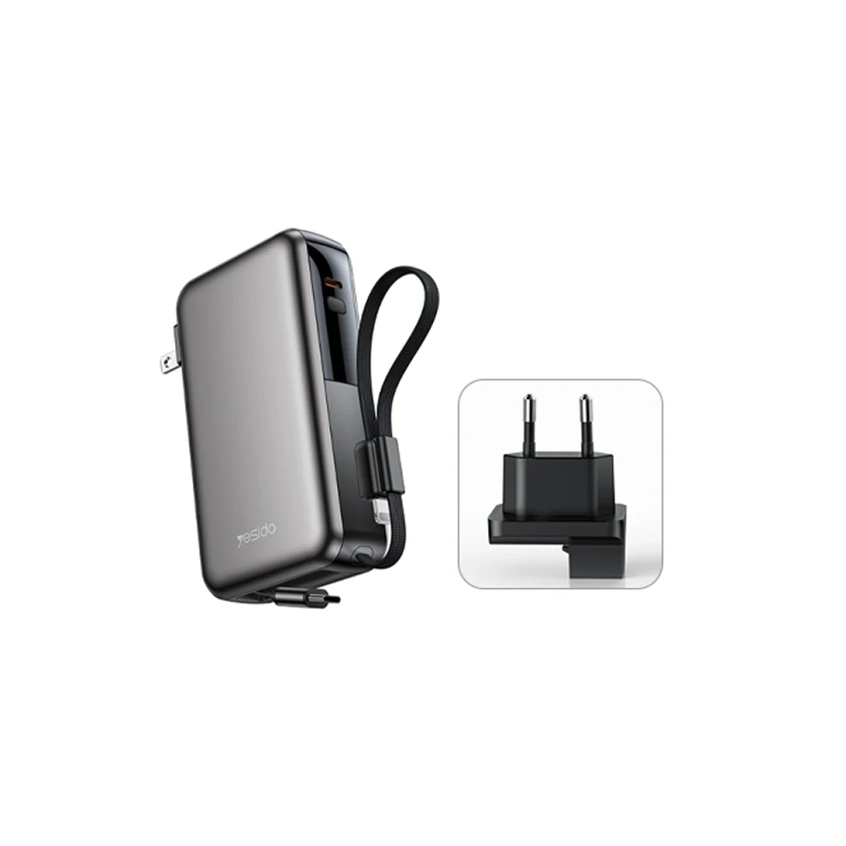 Yesido YP90E Dijital Göstergeli 10.000 mAh 22.5W PD Hızlı Şarj Destekli Makaralı Type C ve Lightning Kablolu 5in1 Powerbank - Siyah