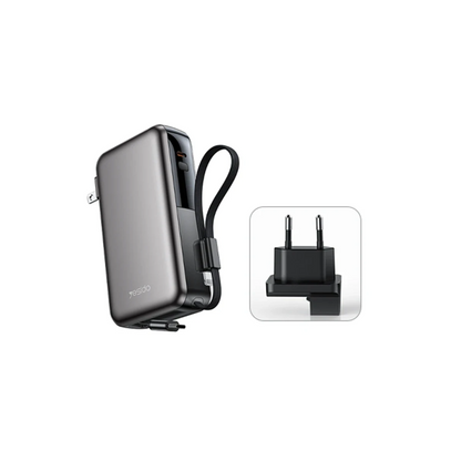 Yesido YP90E Dijital Göstergeli 10.000 mAh 22.5W PD Hızlı Şarj Destekli Makaralı Type C ve Lightning Kablolu 5in1 Powerbank - Siyah