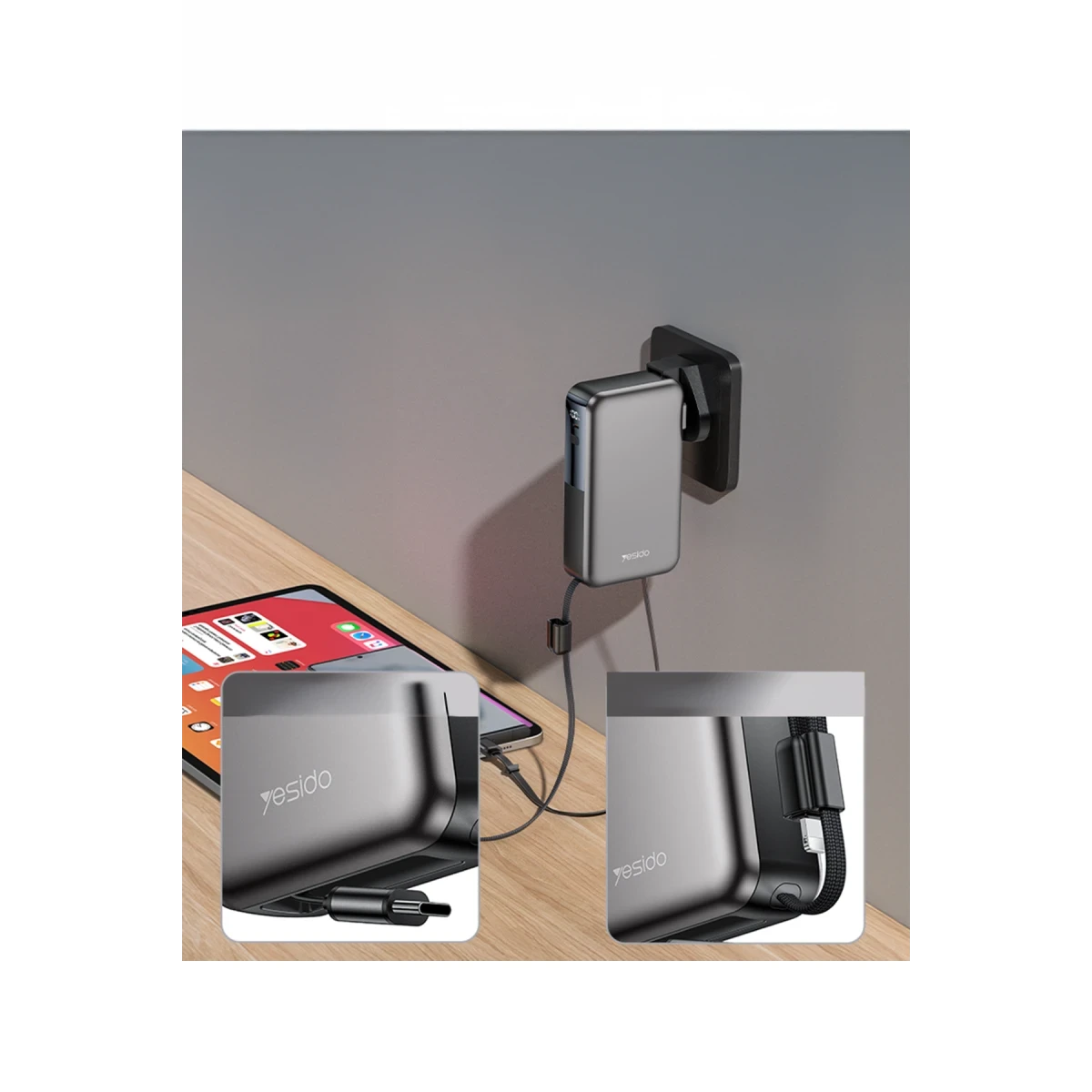 Yesido YP90E Dijital Göstergeli 10.000 mAh 22.5W PD Hızlı Şarj Destekli Makaralı Type C ve Lightning Kablolu 5in1 Powerbank - Siyah