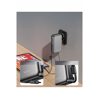 Yesido YP90E Dijital Göstergeli 10.000 mAh 22.5W PD Hızlı Şarj Destekli Makaralı Type C ve Lightning Kablolu 5in1 Powerbank - Siyah