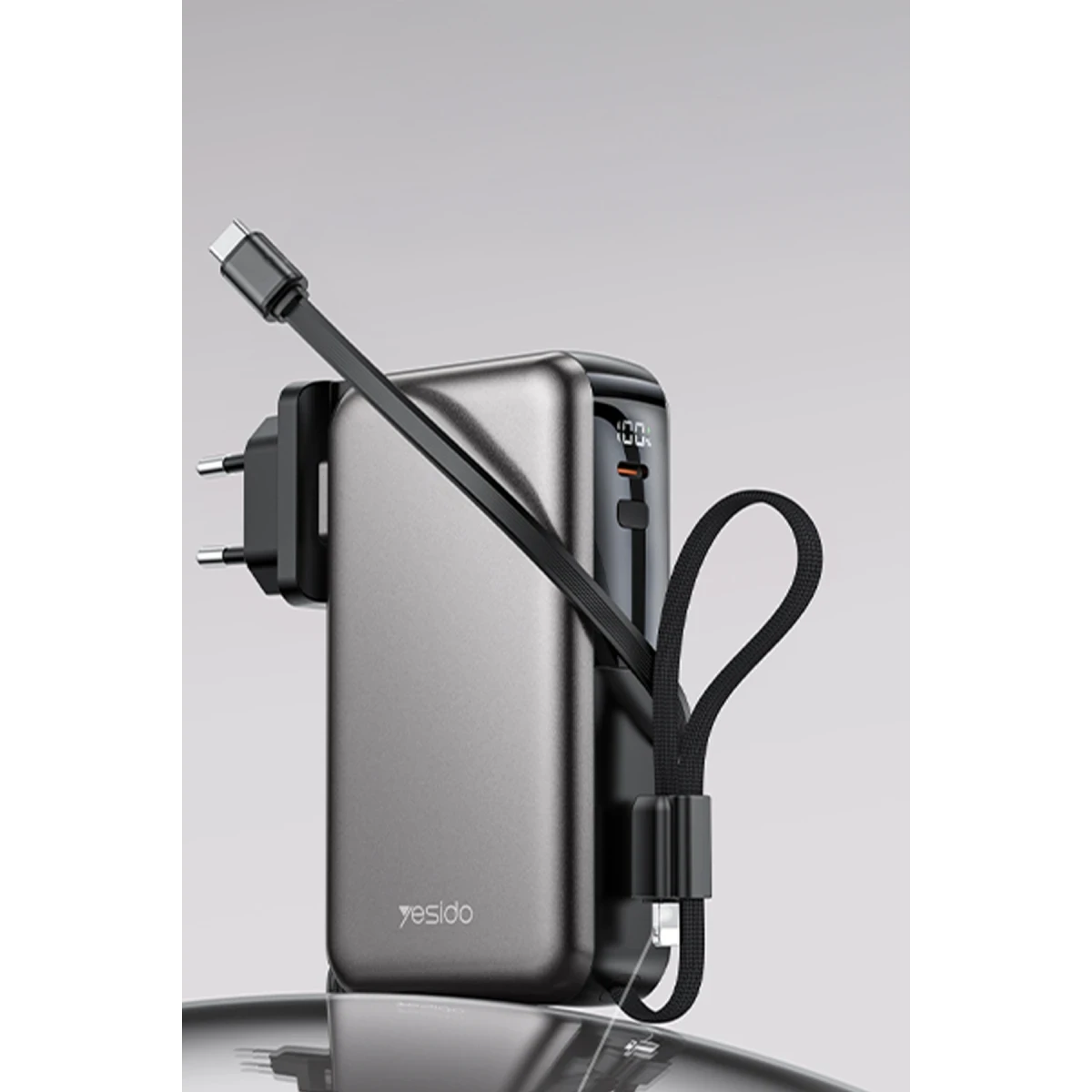 Yesido YP90E Dijital Göstergeli 10.000 mAh 22.5W PD Hızlı Şarj Destekli Makaralı Type C ve Lightning Kablolu 5in1 Powerbank - Siyah