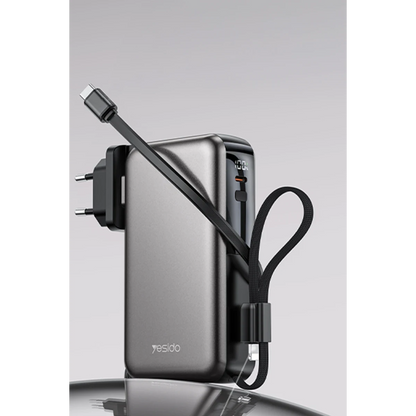 Yesido YP90E Dijital Göstergeli 10.000 mAh 22.5W PD Hızlı Şarj Destekli Makaralı Type C ve Lightning Kablolu 5in1 Powerbank - Siyah