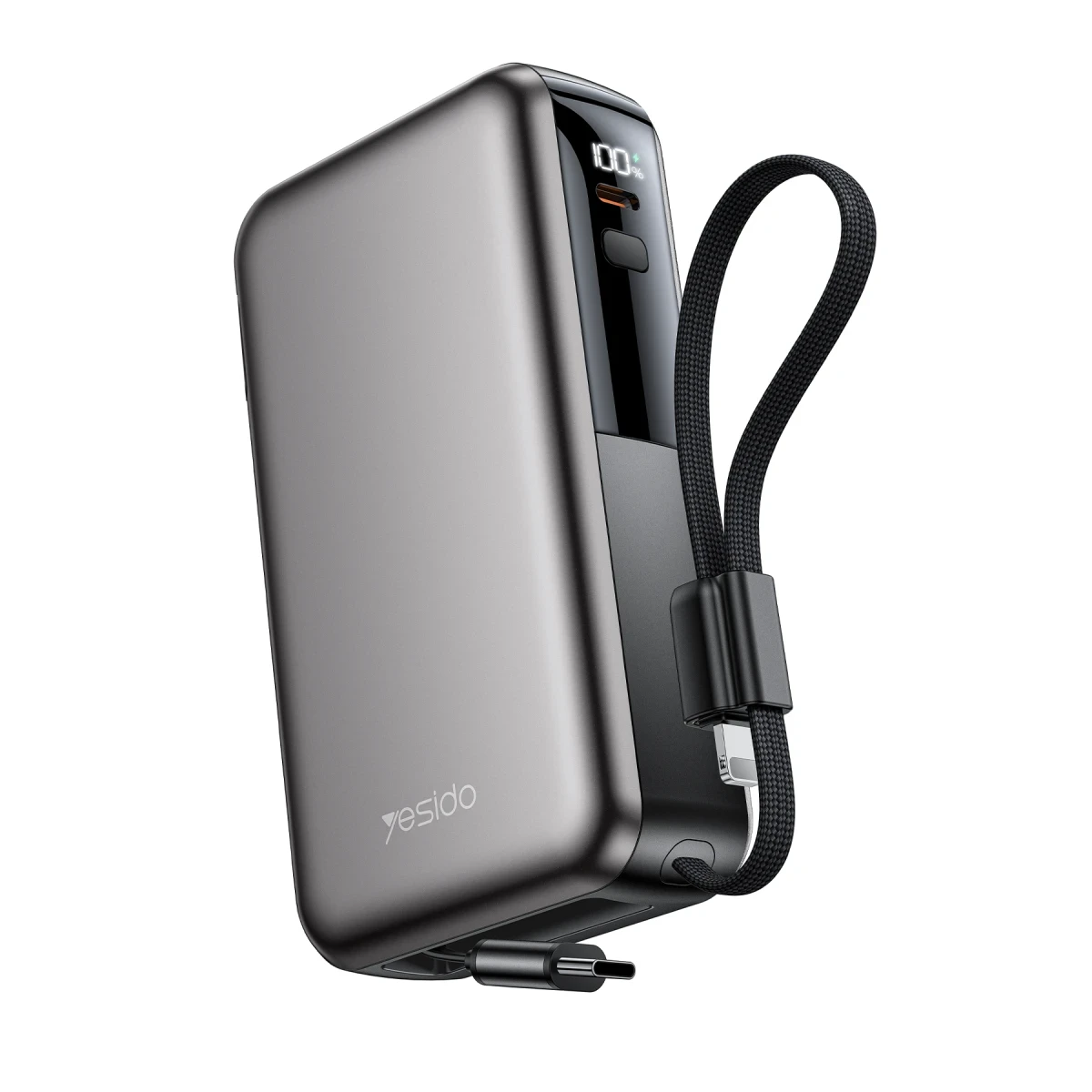 Yesido YP90E Dijital Göstergeli 10.000 mAh 22.5W PD Hızlı Şarj Destekli Makaralı Type C ve Lightning Kablolu 5in1 Powerbank - Siyah