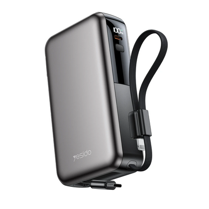Yesido YP90E Dijital Göstergeli 10.000 mAh 22.5W PD Hızlı Şarj Destekli Makaralı Type C ve Lightning Kablolu 5in1 Powerbank - Siyah