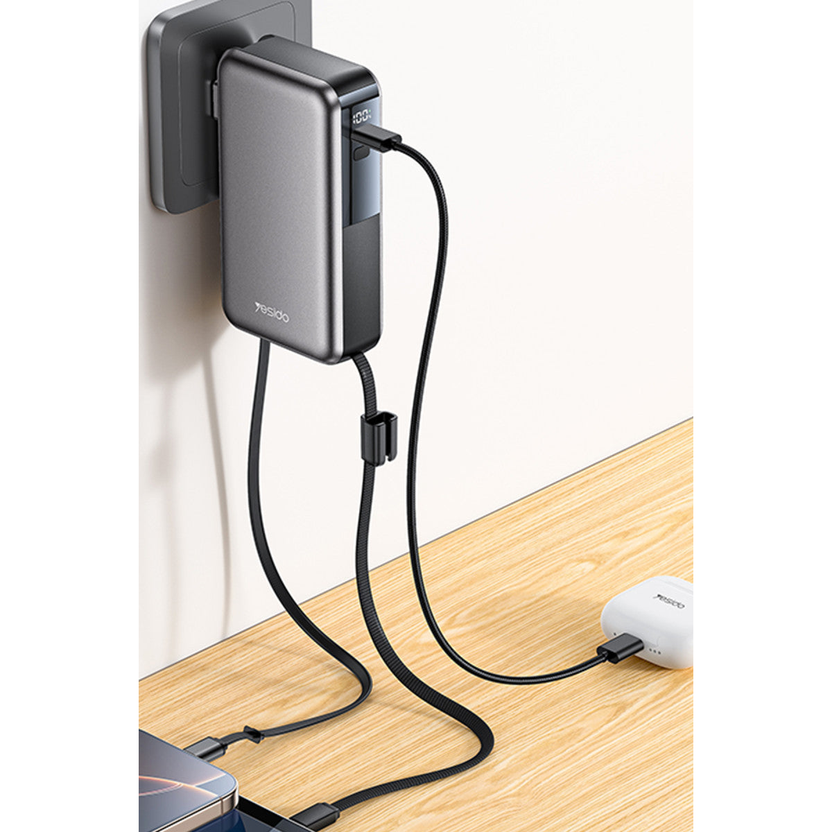 Yesido YP90E Dijital Göstergeli 10.000 mAh 22.5W PD Hızlı Şarj Destekli Makaralı Type C ve Lightning Kablolu 5in1 Powerbank